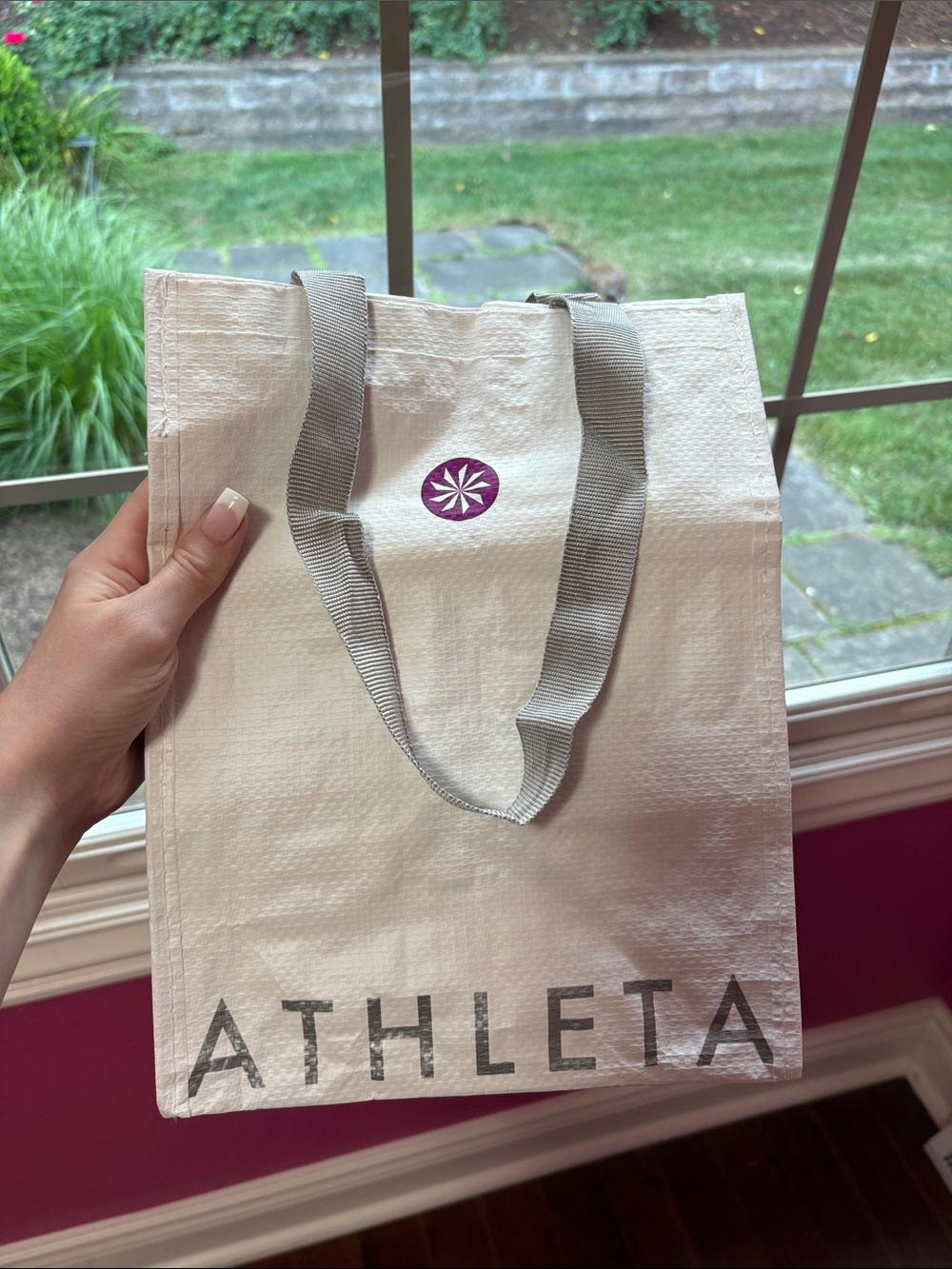 Athleta Reusable Cream Tote with Gray Handles and Purple Logo